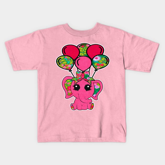 Pink Floral Elephant Balloons Kids T-Shirt by artbyomega